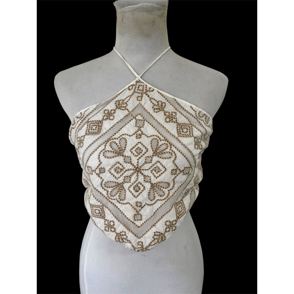 Anthropologie Embroidered Boho Crop Halter X Back Festival Top Cream Cotton 6